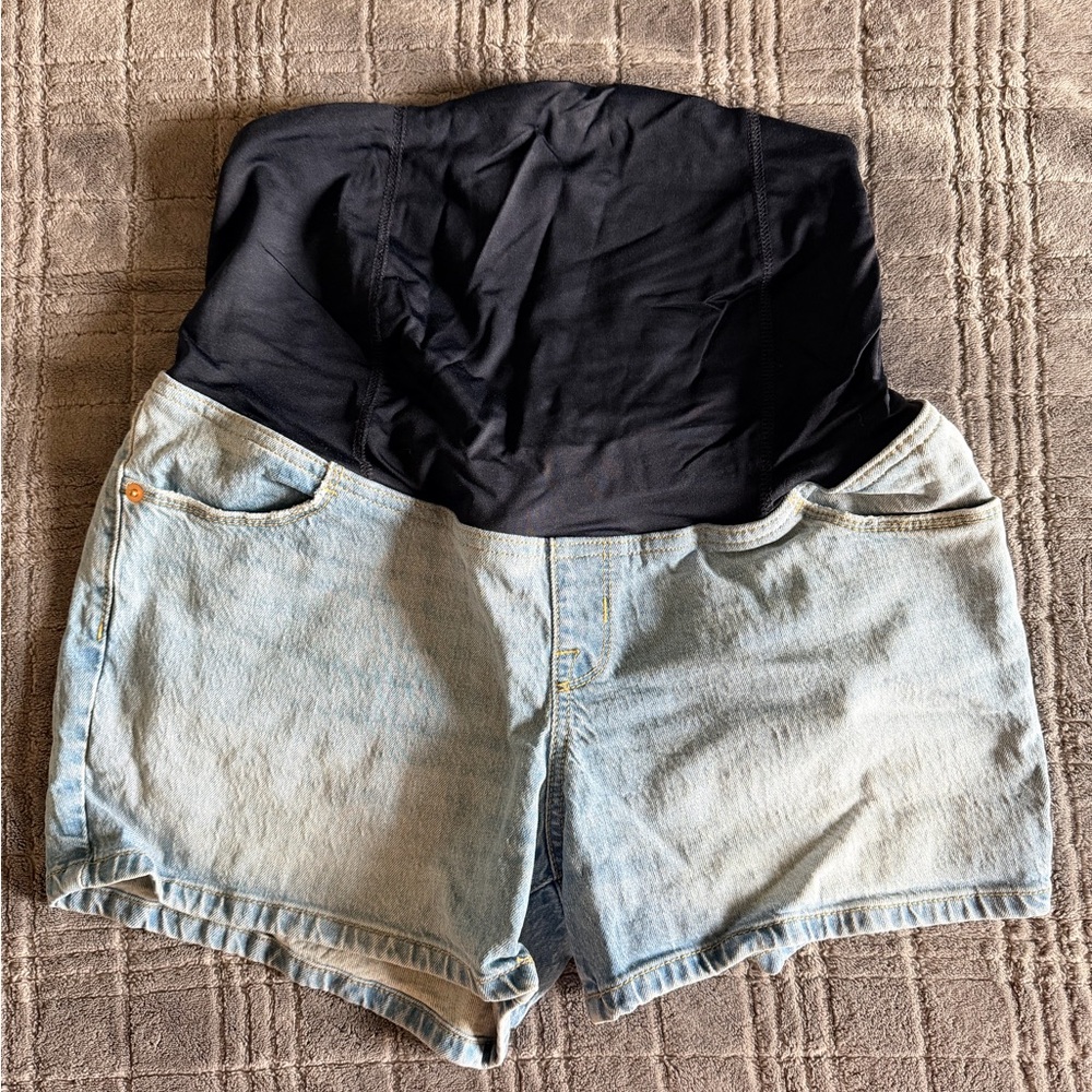 Maternity Denim Shorts with Black Stretch Panel - Light Blue